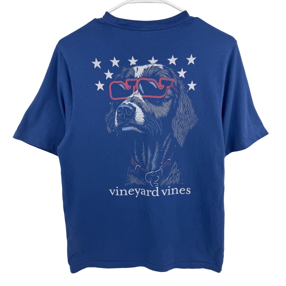 Vineyard Vines Boys XL Blue Patriotic Dog Sunglasses Pocket Graphic T-Shirt